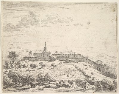 قرية مسورة على تلة ، مع كنيسة على اليسار ومباني مبنية على المنحدر ... ، 1658. بواسطة كاريل دو جاردين
