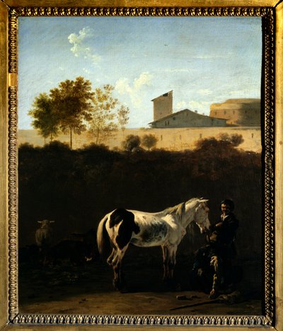 منظر طبيعي لإيطاليا مع لوحة Patres و Horse Pie بواسطة Karel Dujardin (1621-1678) (ec.holl.) 1675 Sun. 0،32x0،27 م باريس ، متحف اللوفر. بواسطة كاريل دوجاردان