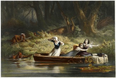 القبض على ابنتي دانيال بون وريتشارد كالاواي من قبل الهنود ، الحانة. 1852 (نقش الألوان) بواسطة كارل بودمر