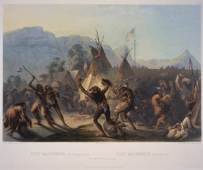 حصن ماكنزي ، 28 أغسطس 1833 ، منقوش بواسطة مانكو أوند هورليمان ، نُشر عام 1842 (أكواتينت) بواسطة كارل بودمر
