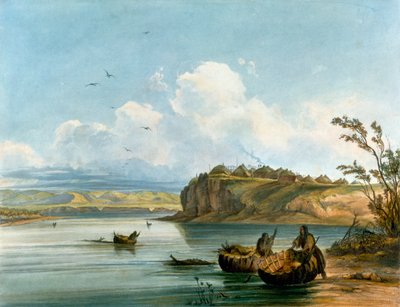 Mandan Native American women crossing Missouri River on boats made of buffalo hide, Native American Civilization, United States بواسطة كارل بودمر