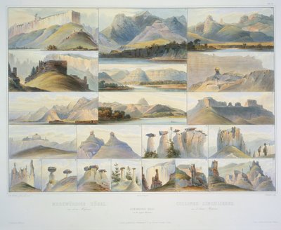 تلال رائعة في ولاية ميسوري العليا ، نقشها F. Salathe ، تنشر في عام 1839 (aquatint) بواسطة كارل بودمر