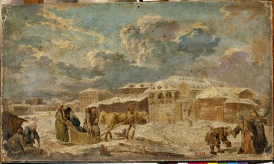 ساحة البلدة في الشتاء (سانت بطرسبرغ). المناظر الطبيعية الحضرية ، مع المباني والمنازل الخشبية. رسم لكارل فريدريش كنابي (1745-1808) ، زيت على ورق مقوى ، النصف الثاني من القرن الثامن عشر. الفن الألماني بواسطة كارل فريدريش كنابي