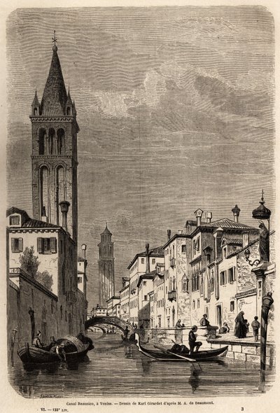 قناة Rezonico ، التي رسمها كارل جيرارديت (1813-1871) ، لتوضيح رحلة Adalbert de Beaumont إلى البندقية ، حوالي عام 1850. نقش في "Le tour du monde" ، تحرير إدوارد شارتون بواسطة كارل جيرارديت