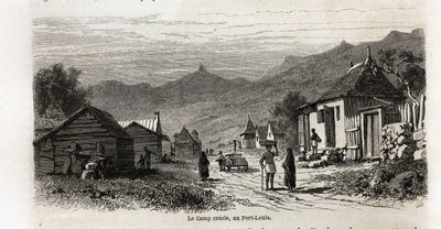 كريول المخيم ، في بورت لويس ، رسمه كارل جيرارديت (1813-1871) ، لتوضيح إقامة ألفريد فيرني في موريشيوس عام 1861. نقش في "" Le tour du monde "، تحرير إدوارد شارتون بواسطة كارل جيرارديت