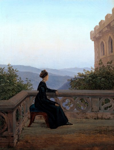 "Portrait de femme sur une terrasse" (امرأة على الشرفة) رسم لكارل غوستاف كاروس (1789-1869) ألوان زيتية على قماش 1824 خافت 42x32 سم صالة الفنون الحكومية ، درسدن بواسطة كارل جوستاف كاروس