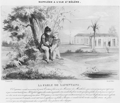نابليون الأول (1769-1821) في جزيرة سانت هيلانة ، يشرح خرافات جان دي لافونتين إلى تريستان دي مونثولون ، منقوش من قبل الشرير بواسطة كارل لويلو هارتويغ