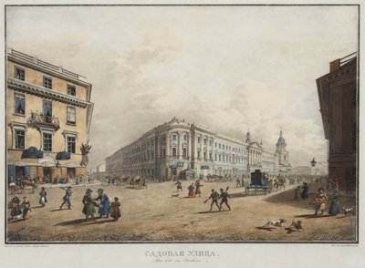 منظر لشارع Sadovaya في سانت بطرسبرغ - Karl Petrovich Beggrov (1799-1875). طباعة حجرية ، ألوان مائية بواسطة كارل بافلوفيتش بيغروف