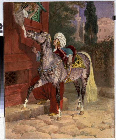 يجتمع في القسطنطينية (الآن اسطنبول ، تركيا). شاب يرتدي عمامة يتدرب على فتاة صغيرة تميل من النافذة لتقدم السكر لجوادها. في الخلفية ، كنيسة القديسة صوفيا ومسجدها. عمل فني لكارل بافلوفيتش بواسطة كارل بافلوفيتش بريولوف