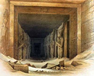 تماثيل عملاقة من الحجر الجيري لرمسيس الثاني (رعمسيس - 1304-1237 قبل الميلاد). طباعة حجرية بعد كارل ريتشارد ليبسيوس (1810-1884) عالم المصريات البروسي. يحمل كل منهما عصا وسوط، وهما رمزان للملوكية. بواسطة 