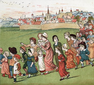 حشد من الأمهات والأطفال يفرون من القرية. رسم توضيحي لكيت غريناواي (1846-1901) من كتاب الحكايات وأغاني الأطفال للأطفال "تحت النافذة" (1879) ، حرره إدموند إيفانز. بواسطة كيت غريناواي