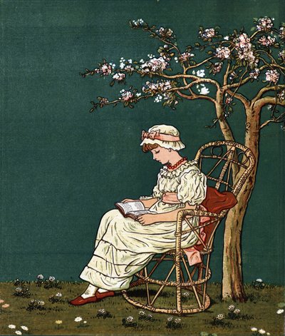 فتاة صغيرة تقرأ تحت أرجواني. رسم توضيحي لكيت غريناواي (1846-1901) من كتاب الحكايات وأغاني الأطفال للأطفال "تحت النافذة" (1879) ، حرره إدموند إيفانز. بواسطة كيت غريناواي
