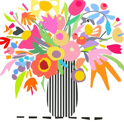 زهور وخطوط 1، 2024 (رسم توضيحي رقمي من ملصقة أصلية على لوح خشبي) بواسطة 