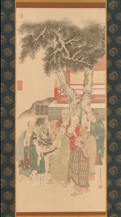 عشرة راكان يفحصون لوحة لكانون ذو رداء أبيض 1792. بواسطة كاتو نوبوكيو