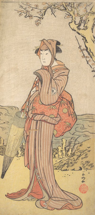 إيواي كيوتارو في دور امرأة تقف تحت شجرة برقوق ، كاليفورنيا. 1788. بواسطة كاتسوكاوا شونكو