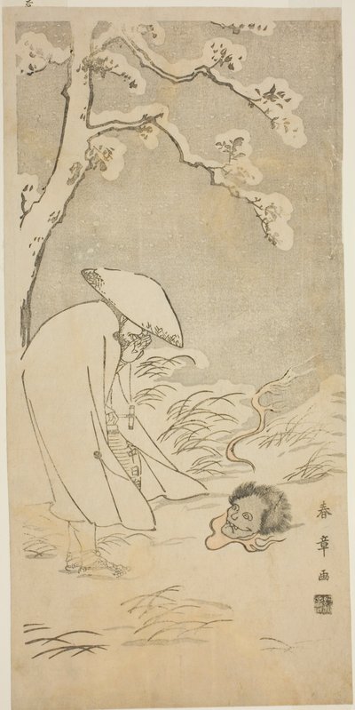 فوجئ الحاج الذي يصلي خلال الليل إلى بوذا (كانينبوتسو) برأس شبحي ملقى على الأرض المغطاة بالثلوج بواسطة كاتسوكاوا شونشو