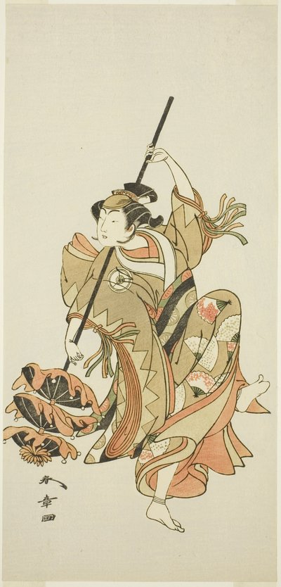 يؤدي الممثل إيواي هانشيرو الرابع رقصة المظلة الثلاثية في "Flower of Japan: Ono no Komachi’s Five Characters" ("Kuni no Hana Ono no Itsumoji") بواسطة كاتسوكاوا شونشو