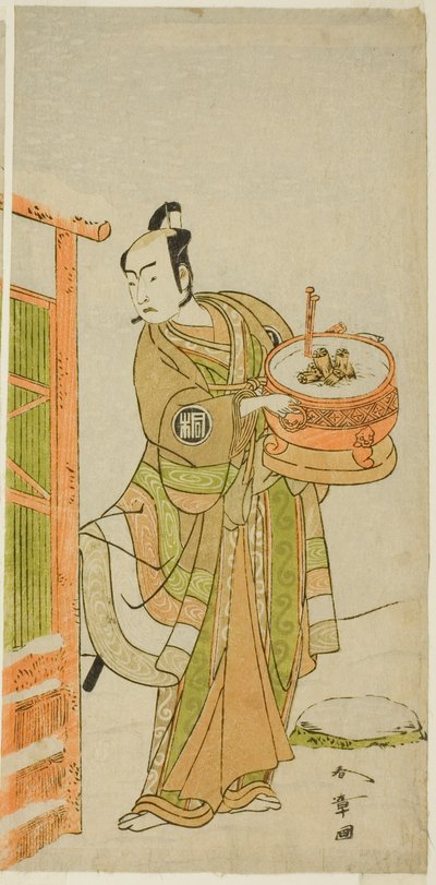الممثل أراشي سانجورو الثاني في دور إيتو كورو متنكراً في زي بانتا في مسرحية Izu-goyomi Shibai no Ganjitsu ، تم عرضها في مسرح موريتا في الشهر الحادي عشر ، 1772 بواسطة كاتسوكاوا شونشو