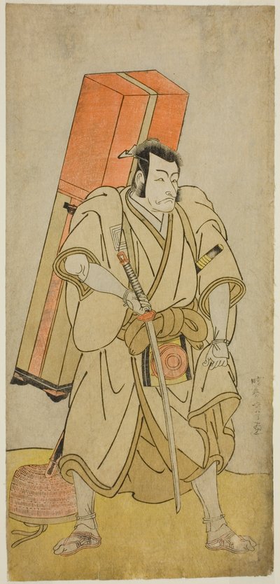 الممثل Ichikawa Danjuro V في دور Godai Saburo Masazumi متنكرًا في هيئة Rokuju-rokubu في مسرحية Sugata no Hana Yuki no Kuronushi ، تم أداؤه في مسرح Ichimura في الشهر الحادي عشر ، 1776 بواسطة كاتسوكاوا شونشو