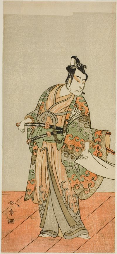 الممثل Ichikawa Danjuro V في دور Kudo Kanaishi (؟) في مسرحية Izu-goyomi Shibai no Ganjitsu (؟) ، تم أداؤه في مسرح موريتا (؟) في الشهر الحادي عشر ، 1772 (؟) بواسطة كاتسوكاوا شونشو