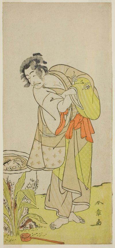 الممثل Ichikawa Danjuro V في دور Soga no Dozaburo (؟) في مسرحية Shida Yuzuriha Horai Soga (؟) ، تم عرضها في مسرح موريتا (؟) في الشهر الأول ، 1775 (؟) بواسطة كاتسوكاوا شونشو