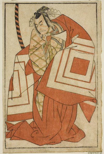 الممثل Ichikawa Danjuro V في دور Watanabe Kiou Takiguchi (؟) في مسرحية Nue no Mori Ichiyo no Mato (؟) ، تم أداؤه في مسرح ناكامورا (؟) في الشهر الحادي عشر ، 1770 (؟) بواسطة كاتسوكاوا شونشو
