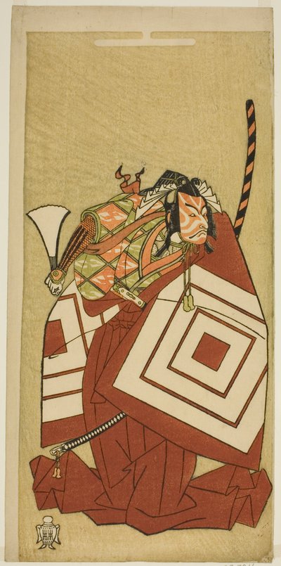 الممثل Ichikawa Danjuro V في دور Watanabe Kiou Takiguchi في مسرحية Nue no Mori Ichiyo no Mato ، تم تقديمه في مسرح ناكامورا في الشهر الحادي عشر ، 1770 بواسطة كاتسوكاوا شونشو