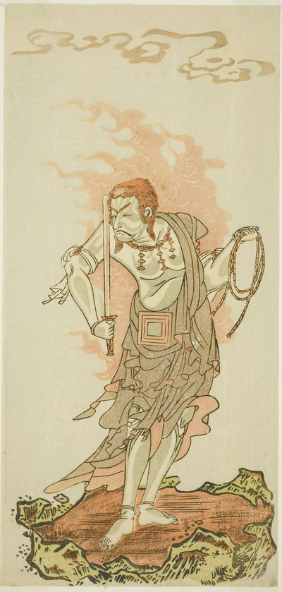 الممثل Ichikawa Danjuro V بدور الإله البوذي Fudo في المشهد الأخير من الجزء الأول من مسرحية Fuki Kaete Tsuki mo Yoshiwara (Rethatched Roof: The Moon يضيء أيضًا فوق منطقة Yoshiwara Pleasure) ، تم أداؤه في مسرح موريتا من الأول بواسطة كاتسوكاوا شونشو