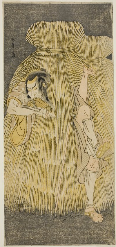 الممثل Ichikawa Danzo IV يقوم بتغيير سريع بين أدوار Sadakuro و Yoichibei ، في مسرحية Kanadehon Chushingura ، تم عرضها في مسرح Morita في الشهر الثالث ، 1781 بواسطة كاتسوكاوا شونشو