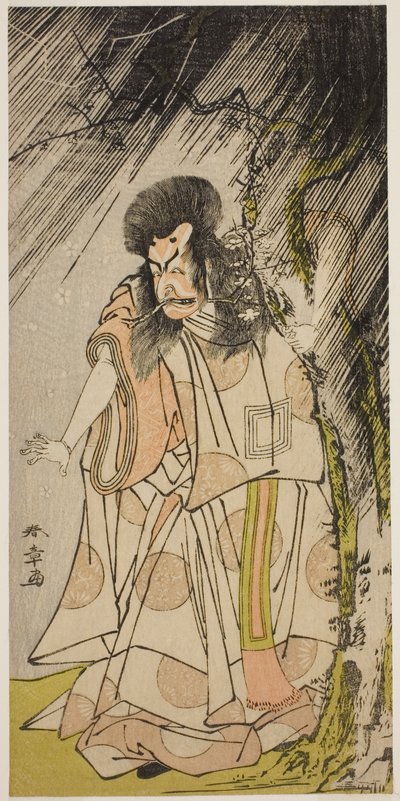 الممثل Ichikawa Ebizo III كإله الرعد ، تجسيد لـ Sugawara Michizane ، في مسرحية Sugawara Denju Tenarai Kagami ، تم أداؤه في مسرح Ichimura في الشهر الثامن ، 1776 بواسطة كاتسوكاوا شونشو