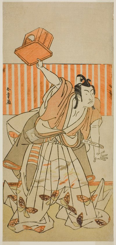 الممثل Ichikawa Monnosuke II في دور Ageha no Chokichi متنكراً في هيئة Soga no Goro Tokimune في مسرحية Kaido Ichi Yawaragi Soga ، تم عرضها في مسرح ناكامورا في الشهر الثالث ، 1778 بواسطة كاتسوكاوا شونشو