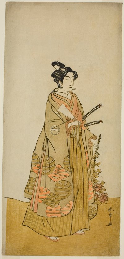 الممثل Ichikawa Monnosuke II بدور Kichisaburo ، Temple Page of Kichijo-ji ، في مسرحية Sono Kyodai Fuji no Sugatami ، تم أداؤه في مسرح موريتا في الشهر الثاني ، 1776 بواسطة كاتسوكاوا شونشو