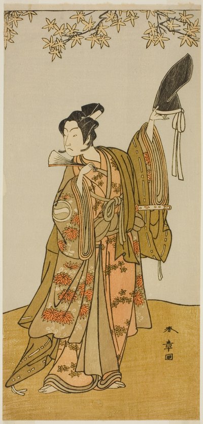 الممثل Ichikawa Monnosuke II بدور Shimokobe Shoji Yukihira ، في مسرحية Gohiiki Kanjincho (مسرحيتك المفضلة Kanjincho [قائمة الاشتراك]) ، تم عرضها في مسرح Nakamura منذ اليوم الأول من الشهر الحادي عشر ، 1773 بواسطة كاتسوكاوا شونشو