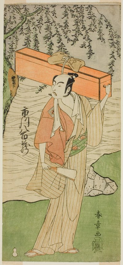 الممثل Ichikawa Yaozo II في دور Soga no Juro Sukenari متنكراً في هيئة Proefessional Jester Senraku (؟) في مسرحية Soga Moyo Aigo no Wakamatsu (؟) ، تم عرضها في مسرح ناكامورا (؟) في الشهر الثاني ، 1769 (؟) بواسطة كاتسوكاوا شونشو