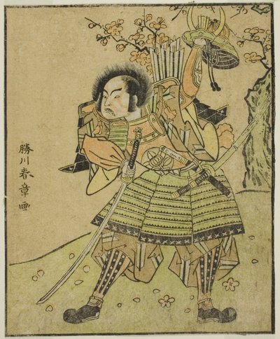 الممثل Ichimura Uzaemon IX في دور Kajiwara Genta no Kagetoki (؟) ، في مسرحية Myoto-giku Izu no Kisewata ، تم عرضه في مسرح ناكامورا في الشهر الحادي عشر ، 1770 بواسطة كاتسوكاوا شونشو