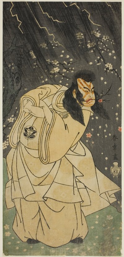 الممثل Ichimura Uzaemon IX في دور كان شوجو في مسرحية Sugawara Denju Tenarai Kagami ، تم تقديمه في مسرح Ichimura في الشهر الثامن ، 1768 بواسطة كاتسوكاوا شونشو