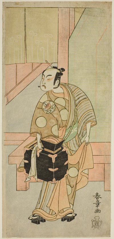 الممثل Ichimura Uzaemon IX مثل Hairdreser Komagata Ikkaku في مسرحية Fuji no Yuki Kaikei Soga ، تم تقديمه في مسرح Ichimura في الشهر الأول ، 1770 بواسطة كاتسوكاوا شونشو