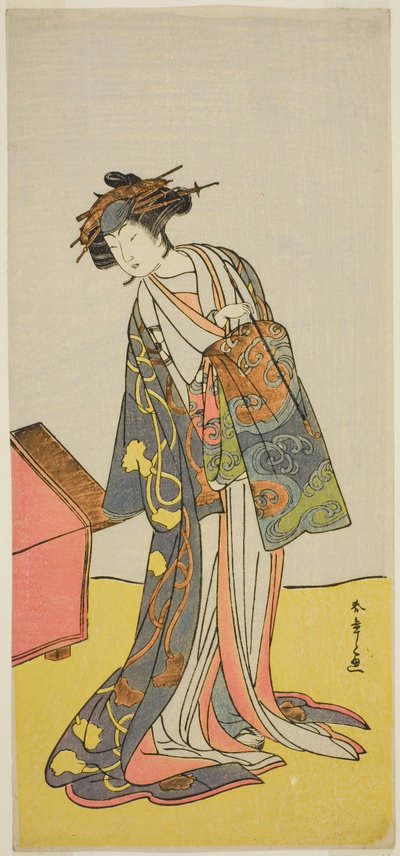 الممثل إيواي هانشيرو الرابع بدور المحظية أجيماكي في مسرحية Sukeroku Yukari no Hatsu-zakura ، تم عرضها في مسرح Ichimura في الشهر الثالث ، 1776 بواسطة كاتسوكاوا شونشو