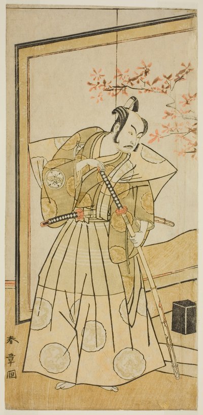 الممثل ناكامورا جوزو الثاني في دور أكيتا جونوسوكي في مسرحية Onna Aruji Hatsuyuki no Sekai ، تم عرضه في مسرح موريتا في الشهر الحادي عشر ، 1773 بواسطة كاتسوكاوا شونشو