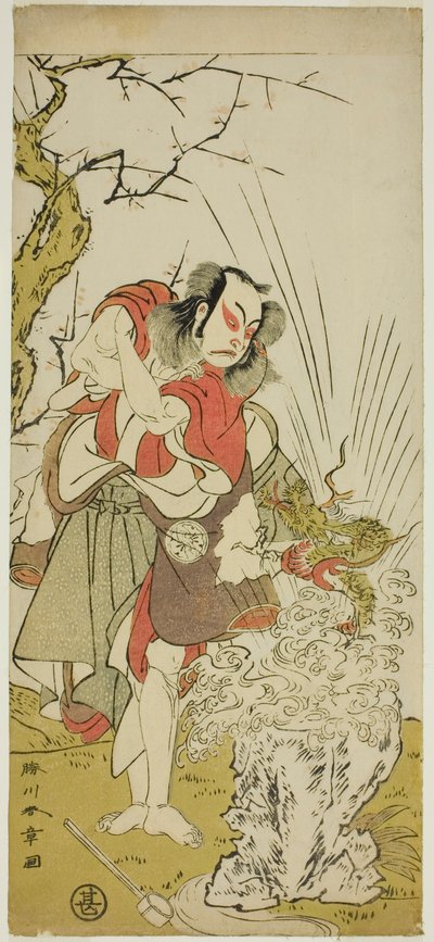 الممثل ناكامورا جوزو الثاني في دور يوشيشي (؟) في مسرحية Keisei Momiji no Uchikake (؟) ، تم أداؤه في مسرح موريتا (؟) في الشهر السابع ، 1772 (؟) بواسطة كاتسوكاوا شونشو