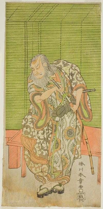 الممثل ناكامورا ناكازو الأول في دور Hige no Ikyu في مسرحية Sakai-cho Soga Nendaiki ، تم أداؤه في مسرح ناكامورا في الشهر الثالث ، 1771 بواسطة كاتسوكاوا شونشو