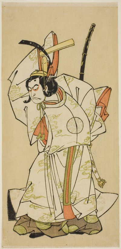 الممثل ناكامورا ناكازو الأول في دور الأمير كورياكيرا (؟) في مسرحية Gohiiki Kanjincho ، تم أداؤه في مسرح Nakamura في الشهر الحادي عشر ، 1773 بواسطة كاتسوكاوا شونشو