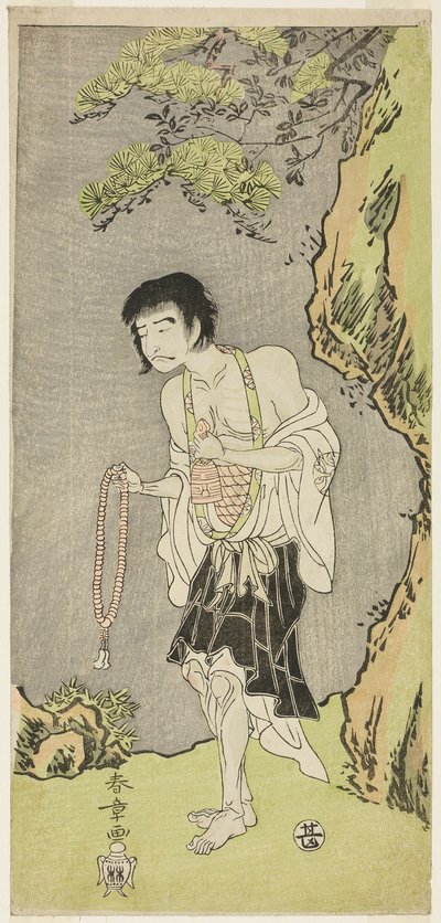 الممثل ناكامورا ناكازو الأول كراهب ، رايجو أجاري ، في مسرحية Nue no Mori Ichiyo no Mato (غابة وحش نو: هدف الشهر الحادي عشر) ، تم تقديمه في مسرح ناكامورا من اليوم الأول من الشهر الحادي عشر ، 1770 بواسطة كاتسوكاوا شونشو