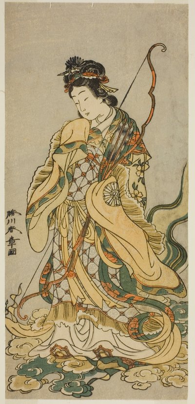 الممثل ناكامورا نوشيو الأول بدور آلهة بنزايتين من Enoshima في مسرحية Onno Aruji Hatsuyuki no Sekai ، تم عرضه في مسرح موريتا في الشهر الحادي عشر ، 1773 بواسطة كاتسوكاوا شونشو