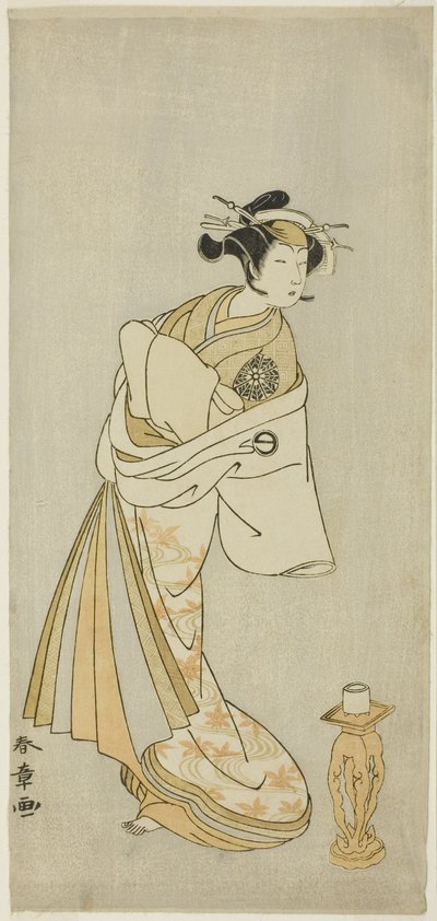 الممثل ناكامورا نوشيو الأول في دور روح المحظية تاكاو ، في تسلسل الرقص Shosagoto "Sono Utsushi-e Matsu ni Kaede" (صورة الظل للصنوبر والقيقب) ، المشهد الأخير من الجزء الثاني من مسرحية Keisei Momiji no Uchikake (Courtesan in an Over-K بواسطة كاتسوكاوا شونشو