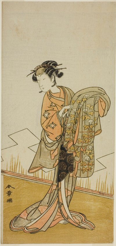 الممثل ناكامورا ريكو الأول بدور المحظية واكاماتسو (؟) في مسرحية Gohiiki Kanjincho (؟) ، تم عرضها في مسرح Nakamura (؟) في الشهر الحادي عشر ، 1773 (؟) بواسطة كاتسوكاوا شونشو