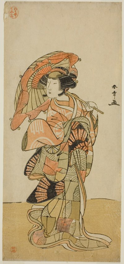 الممثل ناكامورا Tomijuro الأول مثل الثعلب الأنثوي من جبل Ubagadake في مسرحية "Chigo Torii Tobiiri Kitsune" ، التي عُرضت في مسرح Ichimura في الشهر الحادي عشر ، 1777 بواسطة كاتسوكاوا شونشو