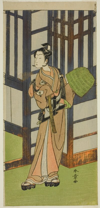 الممثل Onoe Tamizo I في دور Kewaizaka no Shosho متنكرًا في زي Komuso في مسرحية Furisode كيساراجي سوجا ، تم أداؤه في مسرح Ichimura في الشهر الثاني ، 1772 بواسطة كاتسوكاوا شونشو