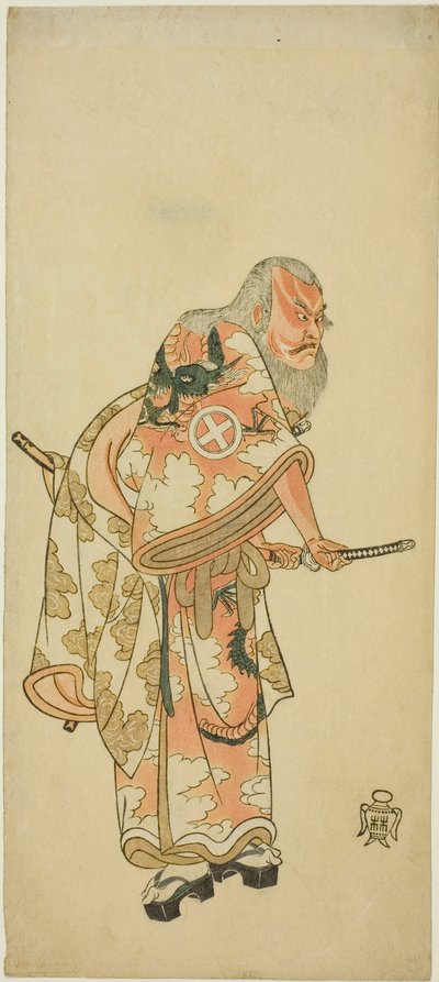 الممثل Otani Hiroemon III بدور Hige no Ikyu في مشهد "Sukeroku" في مسرحية "Hitokidori Harutsuge Soga" بواسطة كاتسوكاوا شونشو