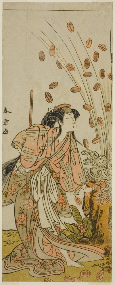 Segawa Kikunojo III في دور هيتو مارو متنكراً في زي المحظية Chiyozaki ، في كأس Play لـ Hana Katsuragi no Kane ، تم عرضها في مسرح Ichimura في الشهر الثالث من بواسطة كاتسوكاوا شونشو